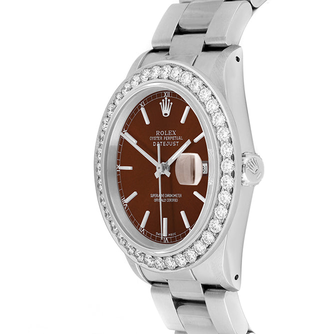 Rolex Datejust 36mm STAINLESS STEEL 16234 Brown Dial | Stick Hour Markers, 2.5 ct Diamond Bezel