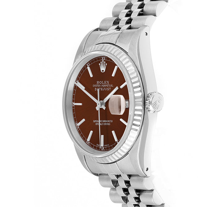 Rolex Datejust 36mm STAINLESS STEEL 16234 Brown Dial | Stick Hour Markers | Fluted  Bezel