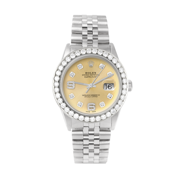 Rolex Datejust 36mm STAINLESS STEEL 16234 Champagne  Dial |6&9 Diamond Hour Markers | 2.5 ct Diamond Bezel