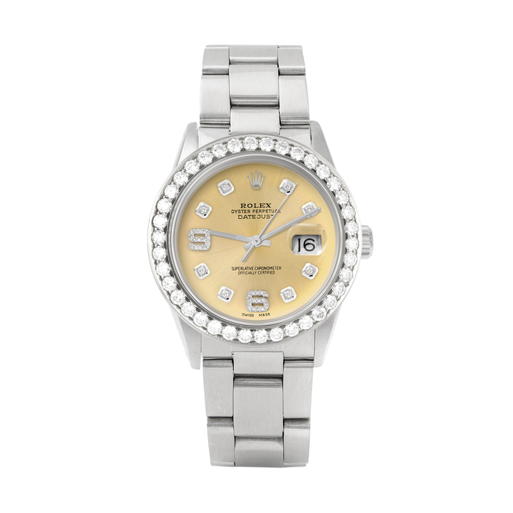 Rolex Datejust 36mm STAINLESS STEEL 16234 Champagne  Dial |6&9 Diamond Hour Markers | 2.5 ct Diamond Bezel