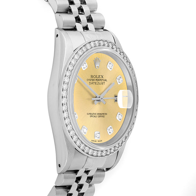Rolex Datejust 36mm STAINLESS STEEL 16234 Champagne Dial | Diamond Hour Markers, 1.8 ct Diamond Bezel
