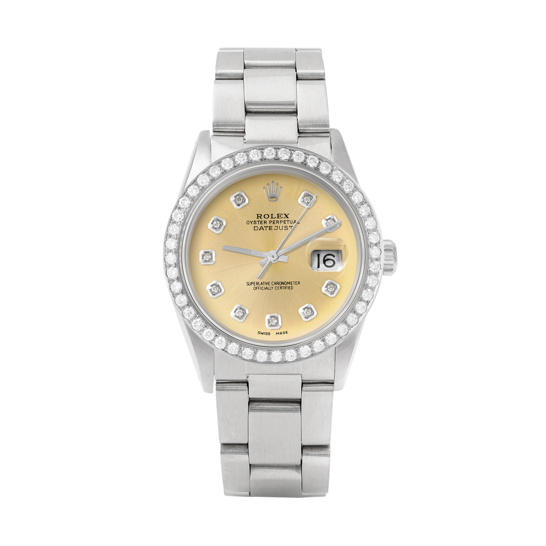 Rolex Datejust 36mm STAINLESS STEEL 16234 Champagne Dial | Diamond Hour Markers, 2 ct Diamond Bezel