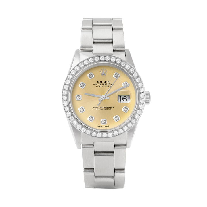Rolex Datejust 36mm STAINLESS STEEL 16234 Champagne Dial | Diamond Hour Markers, 2 ct Diamond Bezel
