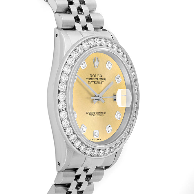 Rolex Datejust 36mm STAINLESS STEEL 16234 Champagne  Dial | Diamond Hour Markers, 2.5 ct Diamond Bezel