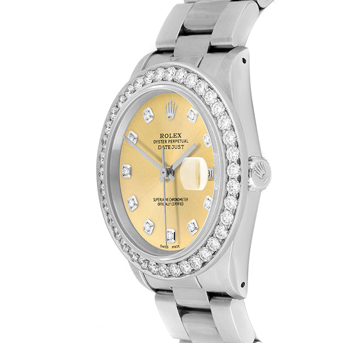 Rolex Datejust 36mm STAINLESS STEEL 16234 Champagne  Dial | Diamond Hour Markers, 2.5 ct Diamond Bezel