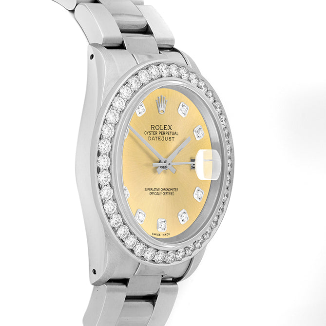 Rolex Datejust 36mm STAINLESS STEEL 16234 Champagne  Dial | Diamond Hour Markers | 2.5 ct Diamond Bezel