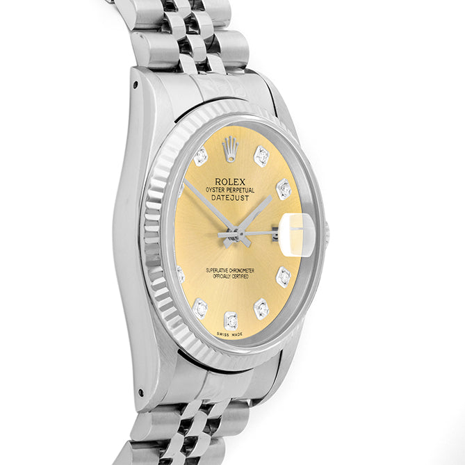 Rolex Datejust 36mm STAINLESS STEEL 16234 Champagne Dial | Diamond Hour Markers | Fluted Bezel