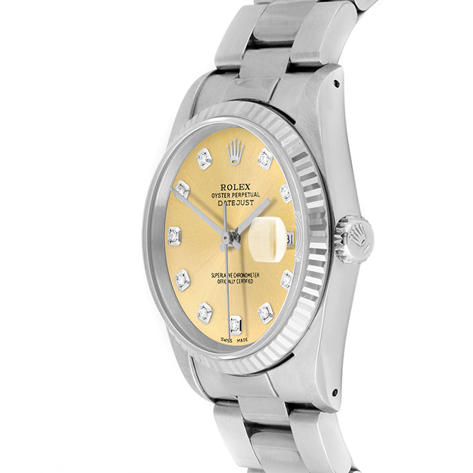 Rolex Datejust 36mm STAINLESS STEEL 16234 Champagne Dial | Diamond Hour Markers | Fluted Bezel