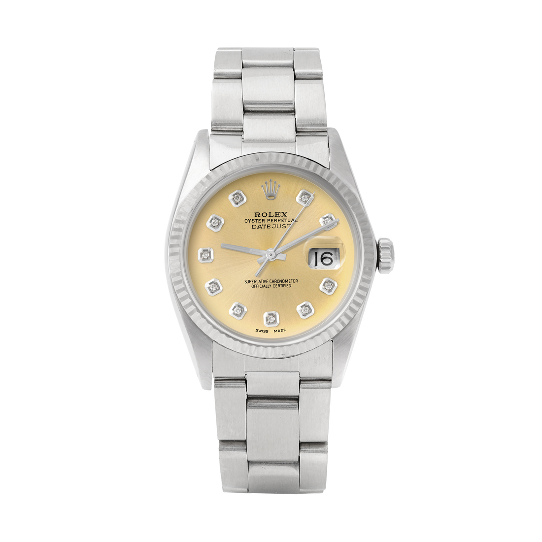 Rolex Datejust 36mm STAINLESS STEEL 16234 Champagne Dial | Diamond Hour Markers | Fluted Bezel