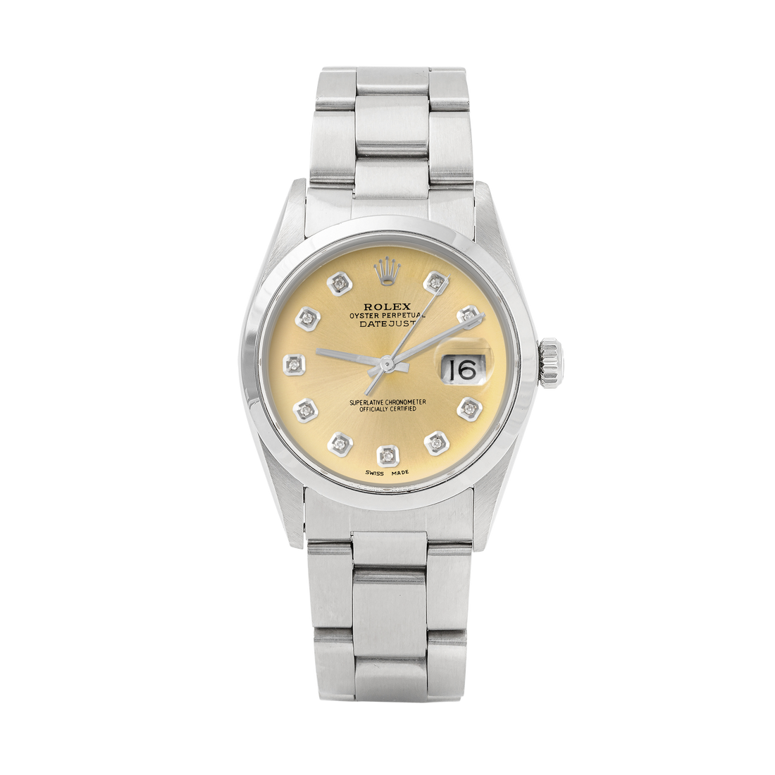 Rolex Datejust 36mm STAINLESS STEEL 16200 Champagne Dial | Diamond Hour Markers | Smooth Bezel