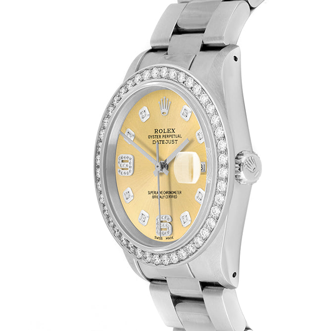 Rolex Datejust 36mm STAINLESS STEEL 16234 Champagne Dial | 6&9 Diamond Hour Markers | 2 ct Diamond Bezel