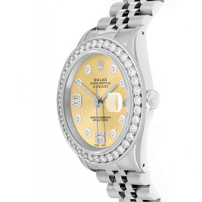 Rolex Datejust 36mm STAINLESS STEEL 16234 Champagne  Dial |6&9 Diamond Hour Markers | 2.5 ct Diamond Bezel