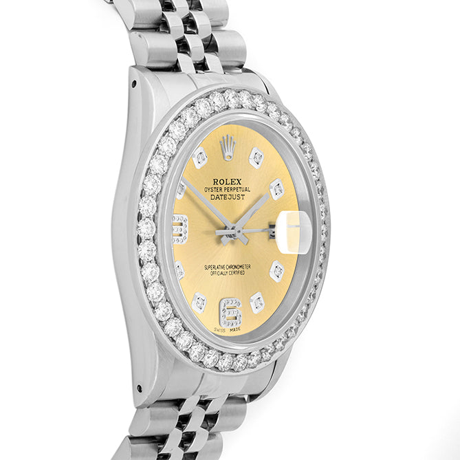 Rolex Datejust 36mm STAINLESS STEEL 16234 Champagne  Dial |6&9 Diamond Hour Markers | 2.5 ct Diamond Bezel
