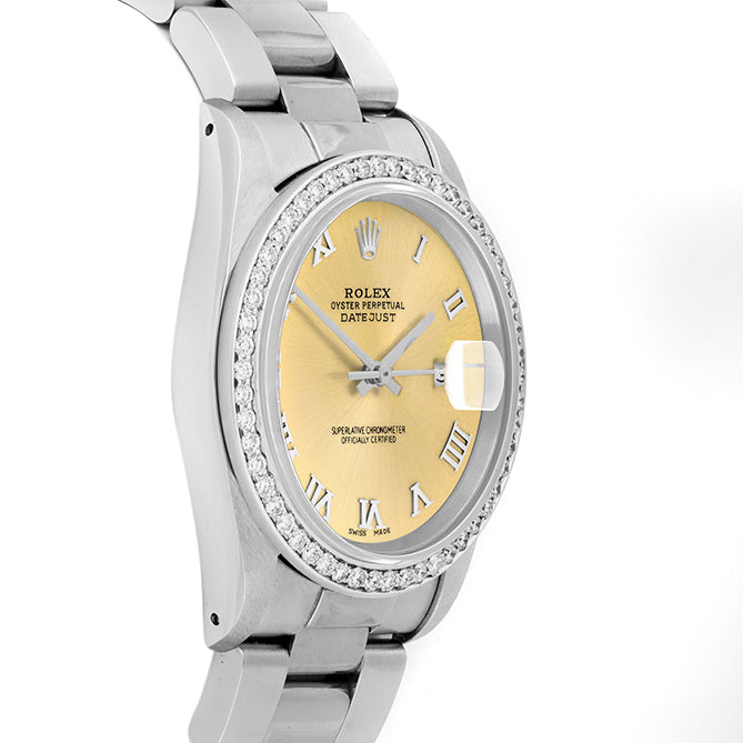 Rolex Datejust 36mm STAINLESS STEEL 16234 Champagne Dial | Roman Hour Markers | 1 ct Diamond Bezel