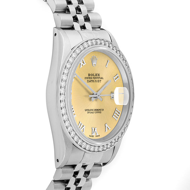 Rolex Datejust 36mm STAINLESS STEEL 16234 Champagne Dial | Roman Hour Markers, 1.8ct Diamond Bezel