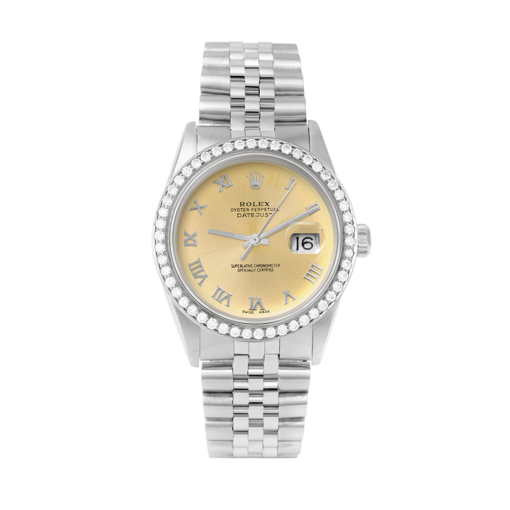 Rolex Datejust 36mm STAINLESS STEEL 16234 Champagne Dial | Roman Hour Markers, 1.8ct Diamond Bezel