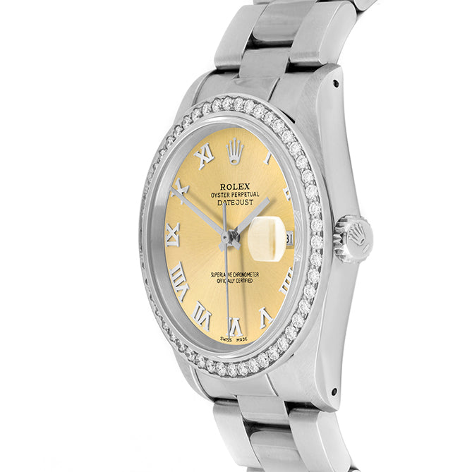 Rolex Datejust 36mm STAINLESS STEEL 16234 Champagne Dial | Roman Hour Markers, 1.8ct Diamond Bezel