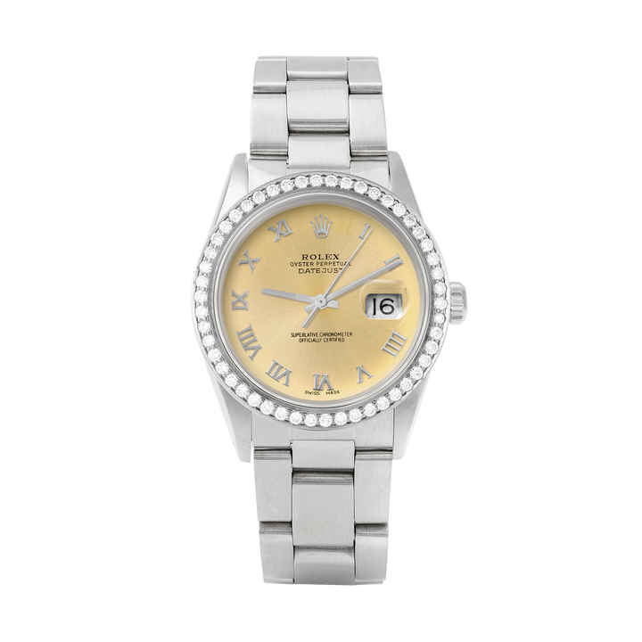 Rolex Datejust 36mm STAINLESS STEEL 16234 Champagne Dial | Roman Hour Markers, 1.8ct Diamond Bezel