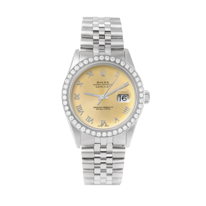 Rolex Datejust 36mm STAINLESS STEEL 16234 Champagne Dial | Roman Hour Markers, 2 ct Diamond Bezel
