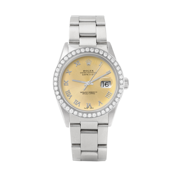 Rolex Datejust 36mm STAINLESS STEEL 16234 Champagne Dial | Roman Hour Markers, 2 ct Diamond Bezel