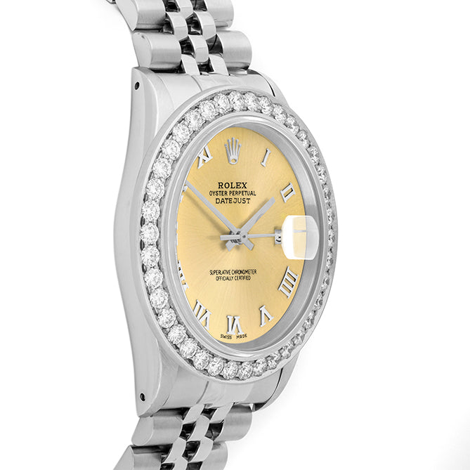 Rolex Datejust 36mm STAINLESS STEEL 16234 Champagne Dial | Roman Hour Markers | 2.5 ct Diamond Bezel