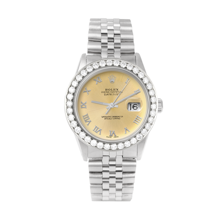 Rolex Datejust 36mm STAINLESS STEEL 16234 Champagne Dial | Roman Hour Markers | 2.5 ct Diamond Bezel