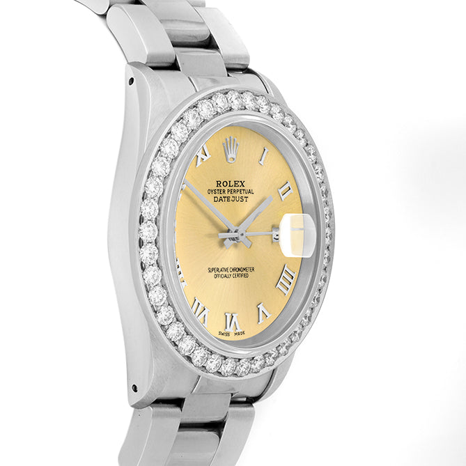 Rolex Datejust 36mm STAINLESS STEEL 16234 Champagne Dial | Roman Hour Markers | 2.5 ct Diamond Bezel