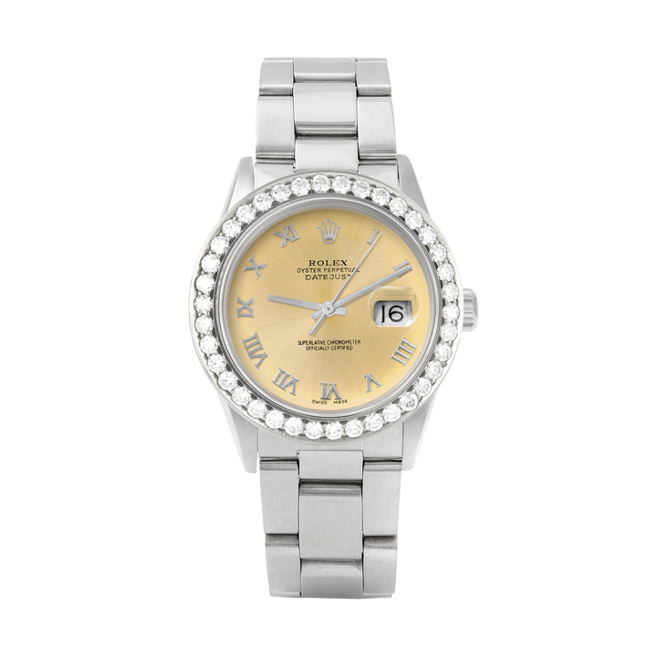 Rolex Datejust 36mm STAINLESS STEEL 16234 Champagne Dial | Roman Hour Markers | 2.5 ct Diamond Bezel