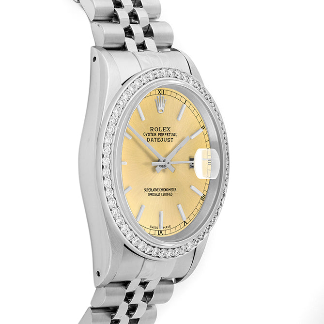 Rolex Datejust 36mm STAINLESS STEEL 16234 Champagne  Dial | Sticks Hour Markers, 1 ct Diamond Bezel