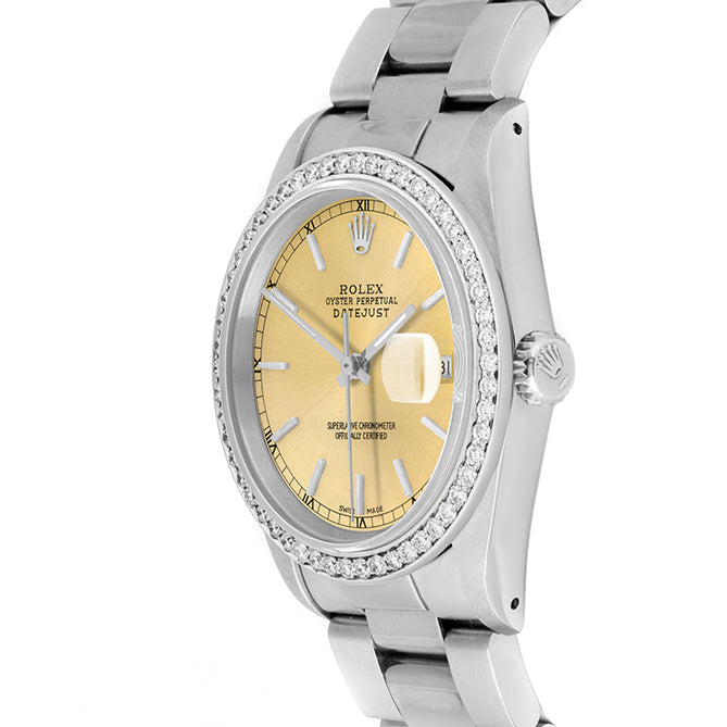 Rolex Datejust 36mm STAINLESS STEEL 16234 Champagne  Dial | Sticks Hour Markers, 1 ct Diamond Bezel