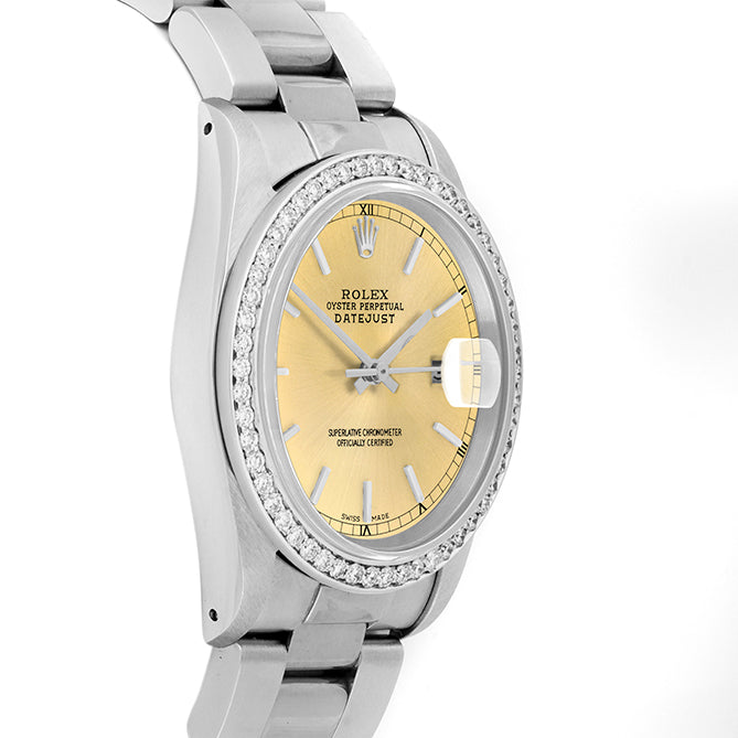 Rolex Datejust 36mm STAINLESS STEEL 16234 Champagne  Dial | Sticks Hour Markers, 1 ct Diamond Bezel
