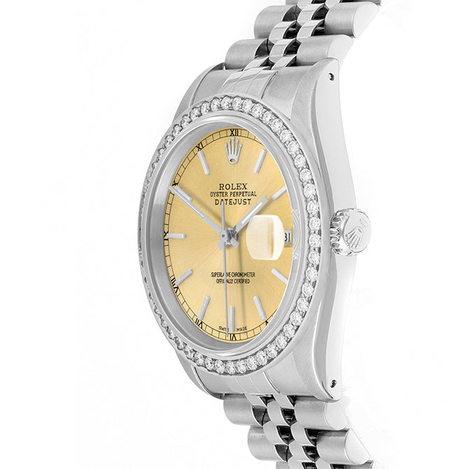Rolex Datejust 36mm STAINLESS STEEL 16234 Champagne Dial | Stick Hour Markers | 1.8 ct Diamond Bezel