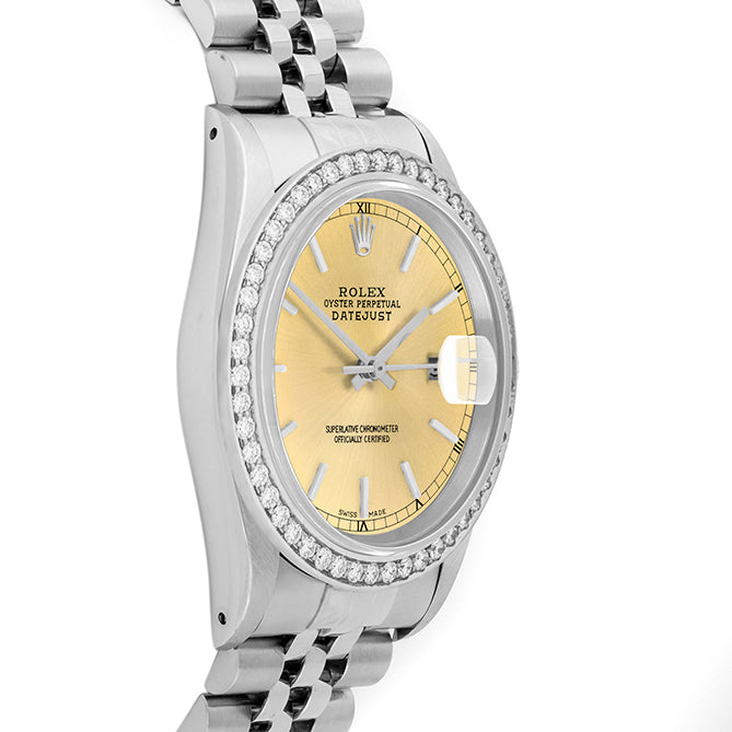 Rolex Datejust 36mm STAINLESS STEEL 16234 Champagne Dial | Stick Hour Markers | 1.8 ct Diamond Bezel