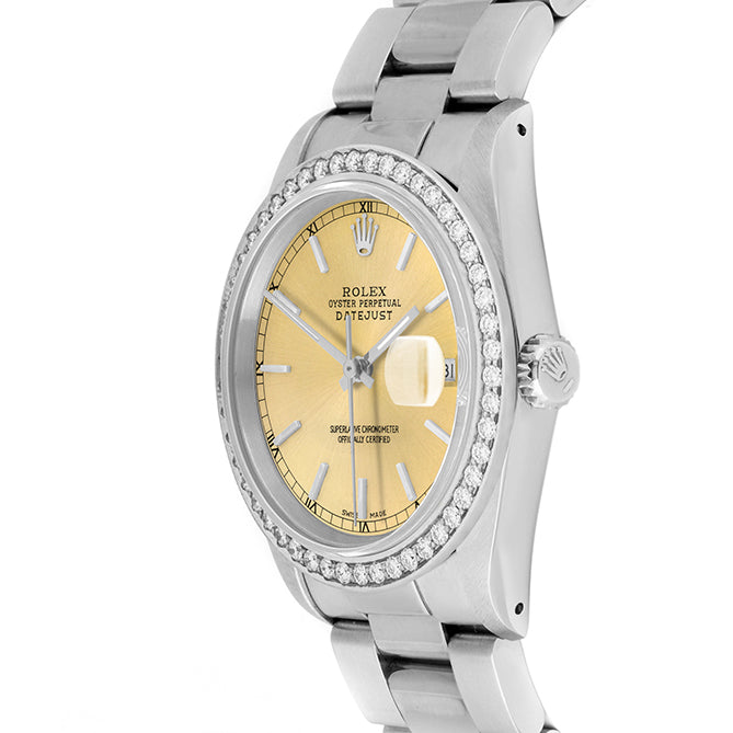 Rolex Datejust 36mm STAINLESS STEEL 16234 Campagne Dial | Stick Hour Markers, 1.8ct Diamond Bezel