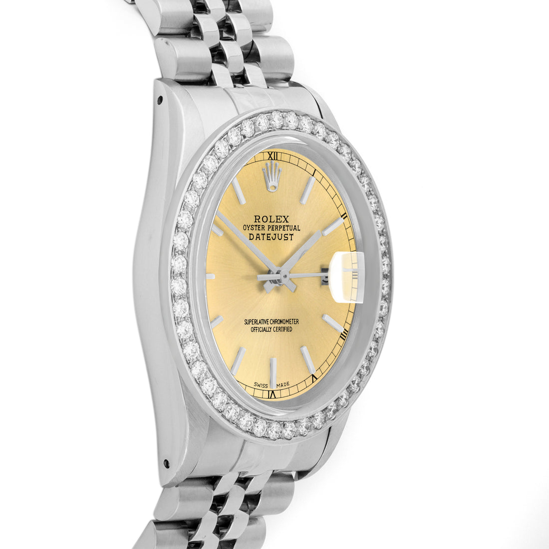 Rolex Datejust 36mm STAINLESS STEEL 16234 Champagne  Dial | Sticks Hour Markers, 2 ct Diamond Bezel