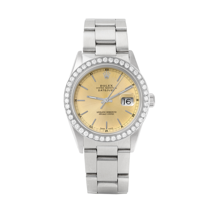 Rolex Datejust 36mm STAINLESS STEEL 16234 Champagne  Dial | Sticks Hour Markers, 2 ct Diamond Bezel