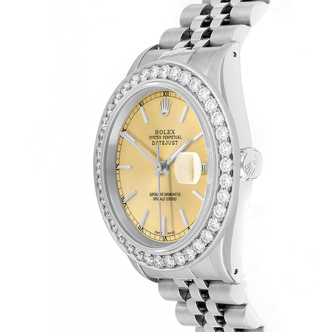 Rolex Datejust 36mm STAINLESS STEEL 16234 Champagne Dial | Stick Hour Markers, 2.5 ct Diamond Bezel