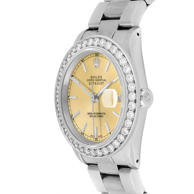 Rolex Datejust 36mm STAINLESS STEEL 16234 Champagne Dial | Stick Hour Markers, 2.5ct Diamond Bezel
