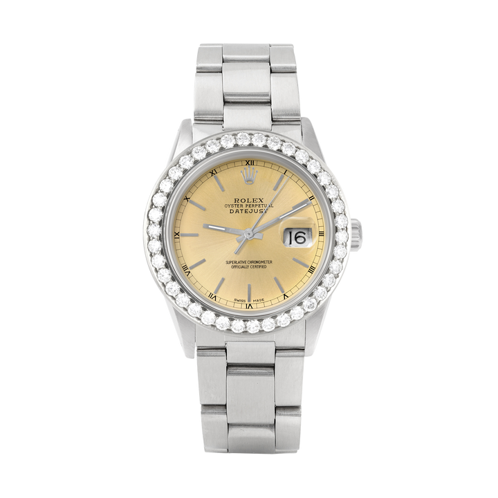 Rolex Datejust 36mm STAINLESS STEEL 16234 Champagne Dial | Stick Hour Markers, 2.5ct Diamond Bezel