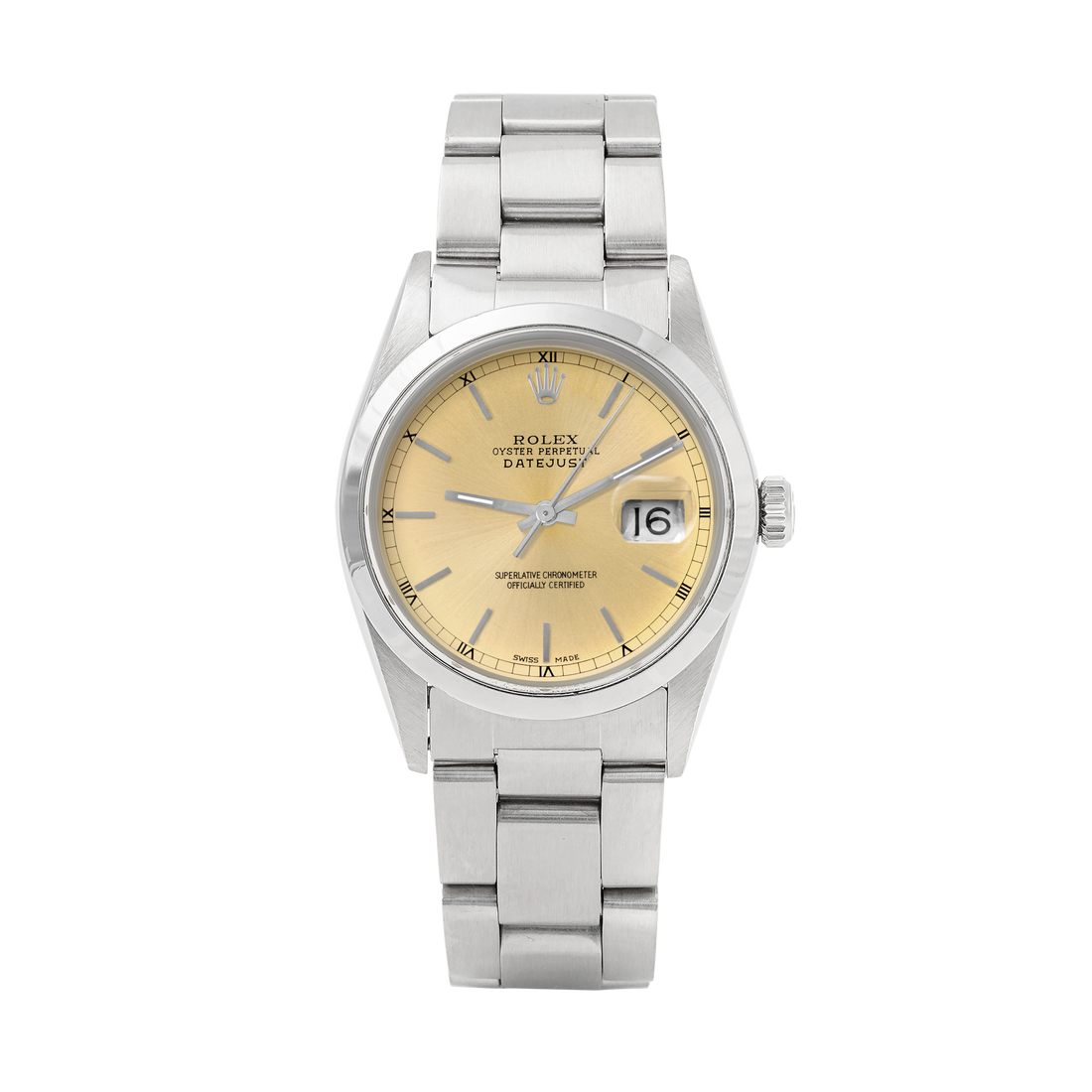 Rolex Datejust 36mm Stainless Steel Smooth | 16200 Champagne Dial | Stick Hour Markers | Smooth Bezel