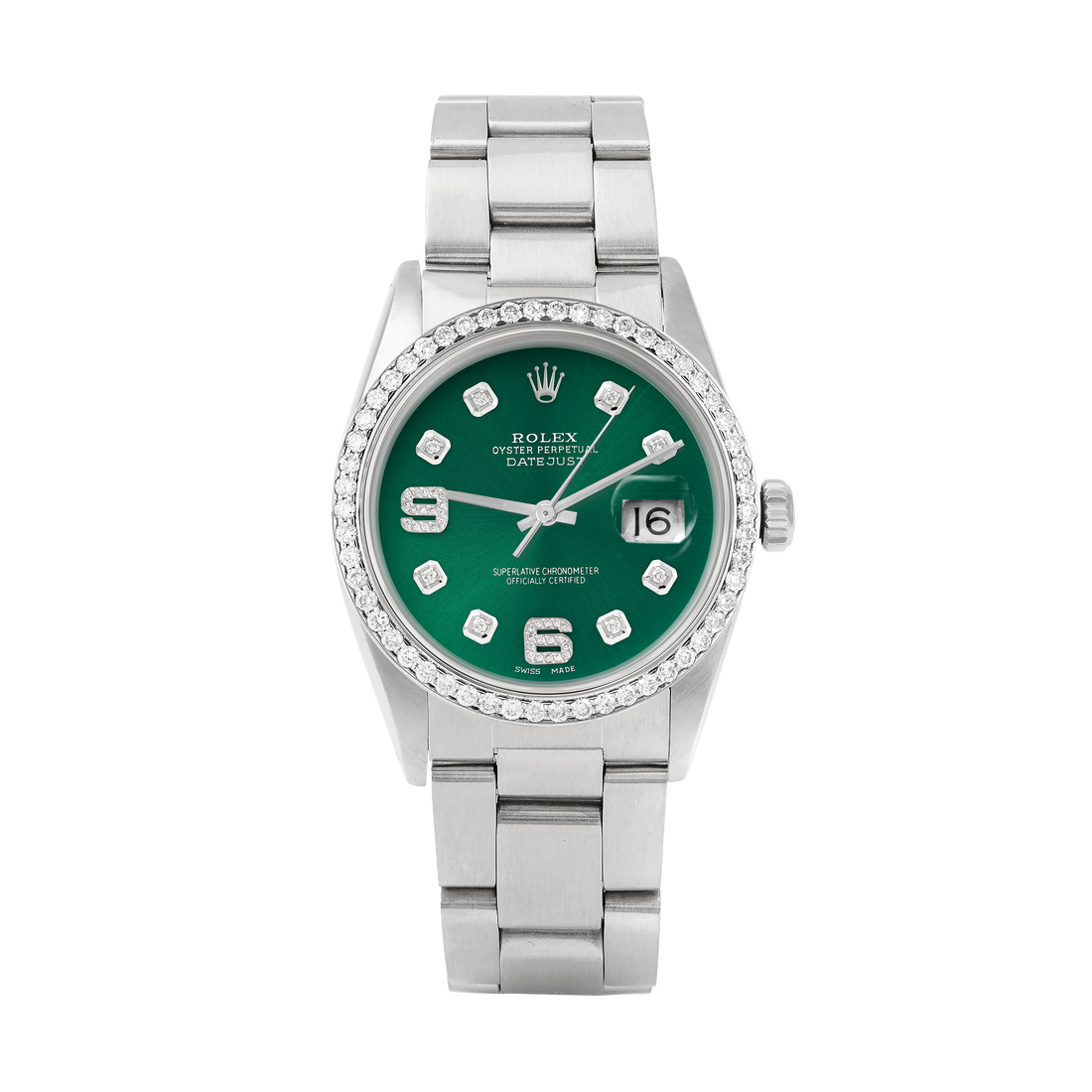 Rolex Datejust 36mm STAINLESS STEEL 16234 Green Dial | 6&9 Diamond |Diamond Hour Markers | 1 ct Diamond Bezel