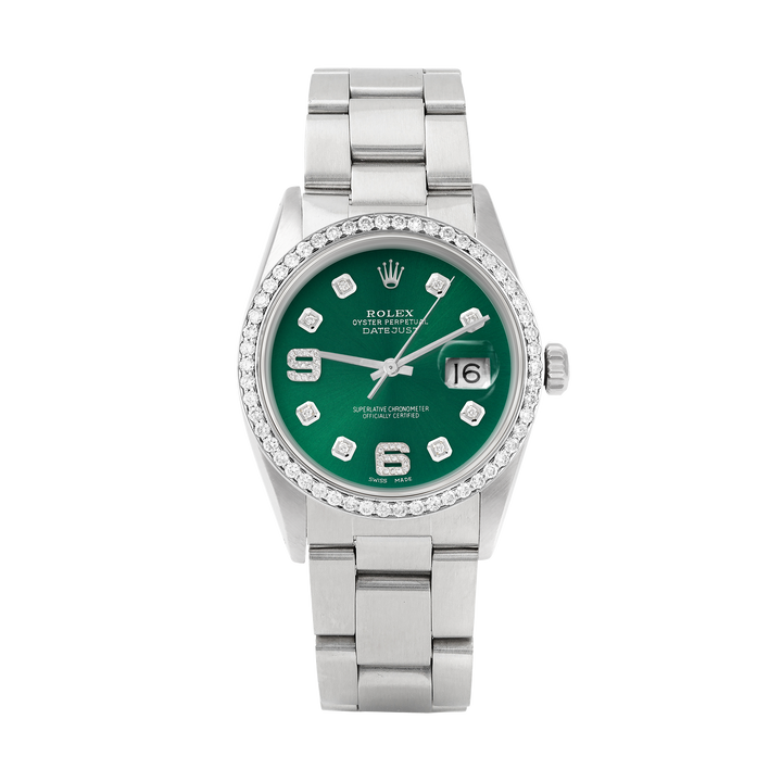 Rolex Datejust 36mm STAINLESS STEEL 16234 Green Dial | 6&9 Diamond |Diamond Hour Markers | 1 ct Diamond Bezel