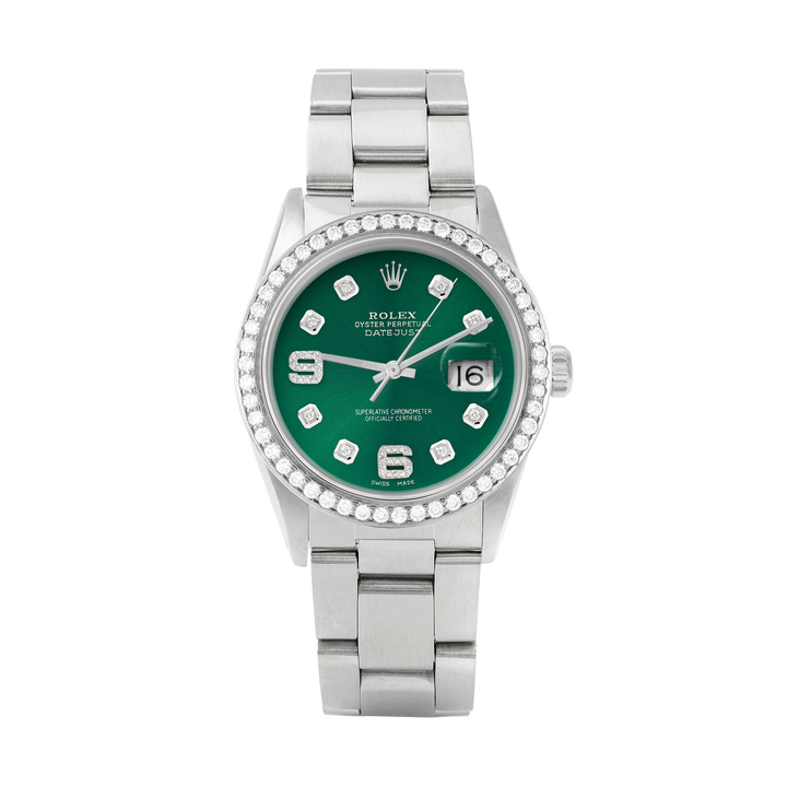 Rolex Datejust 36mm STAINLESS STEEL 16234 Green Dial | 6&9 Diamond |Diamond Hour Markers | 1.8 ct Diamond Bezel