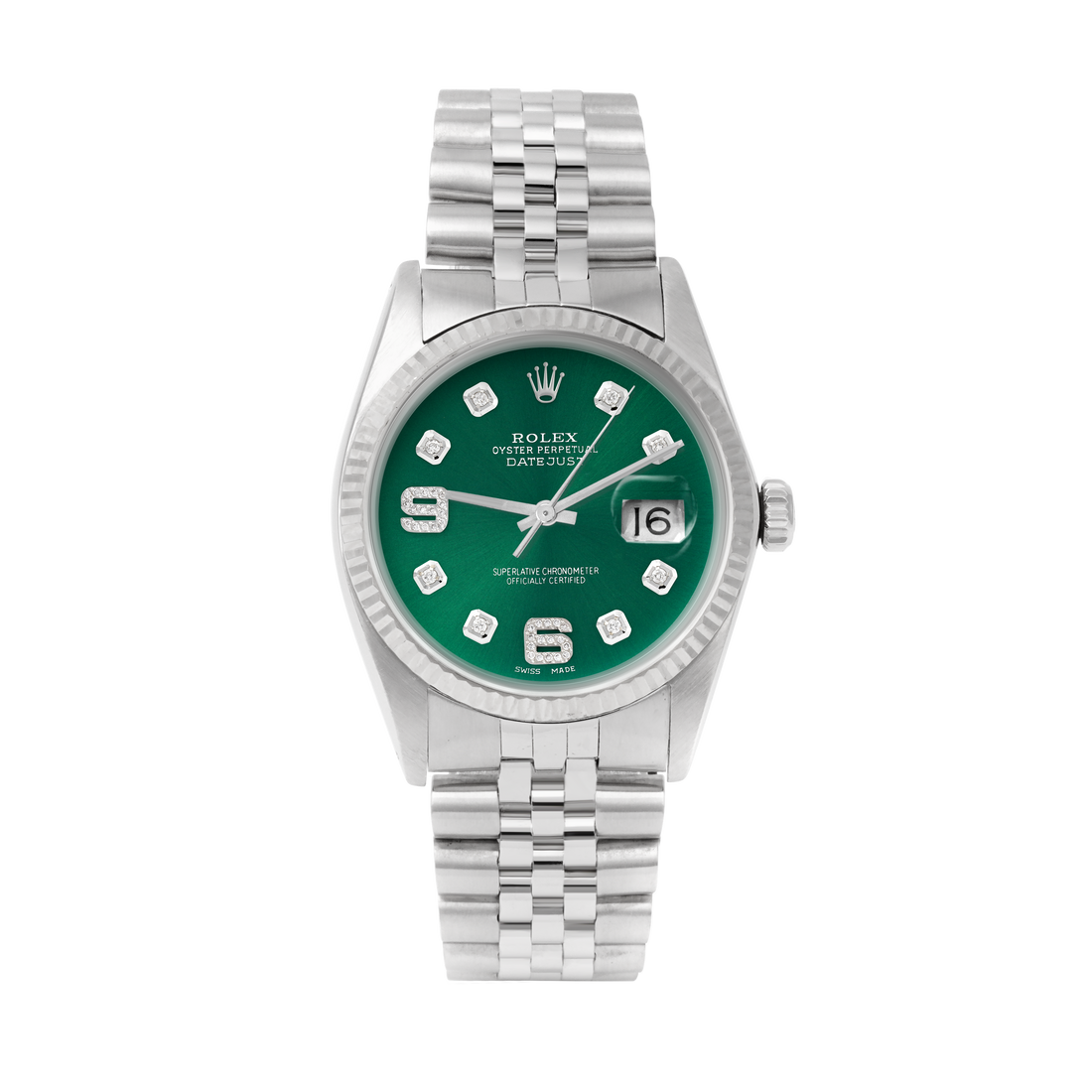 Rolex Datejust 36mm STAINLESS STEEL 16234 Green Dial | 6&9 Diamond | Fluted Bezel