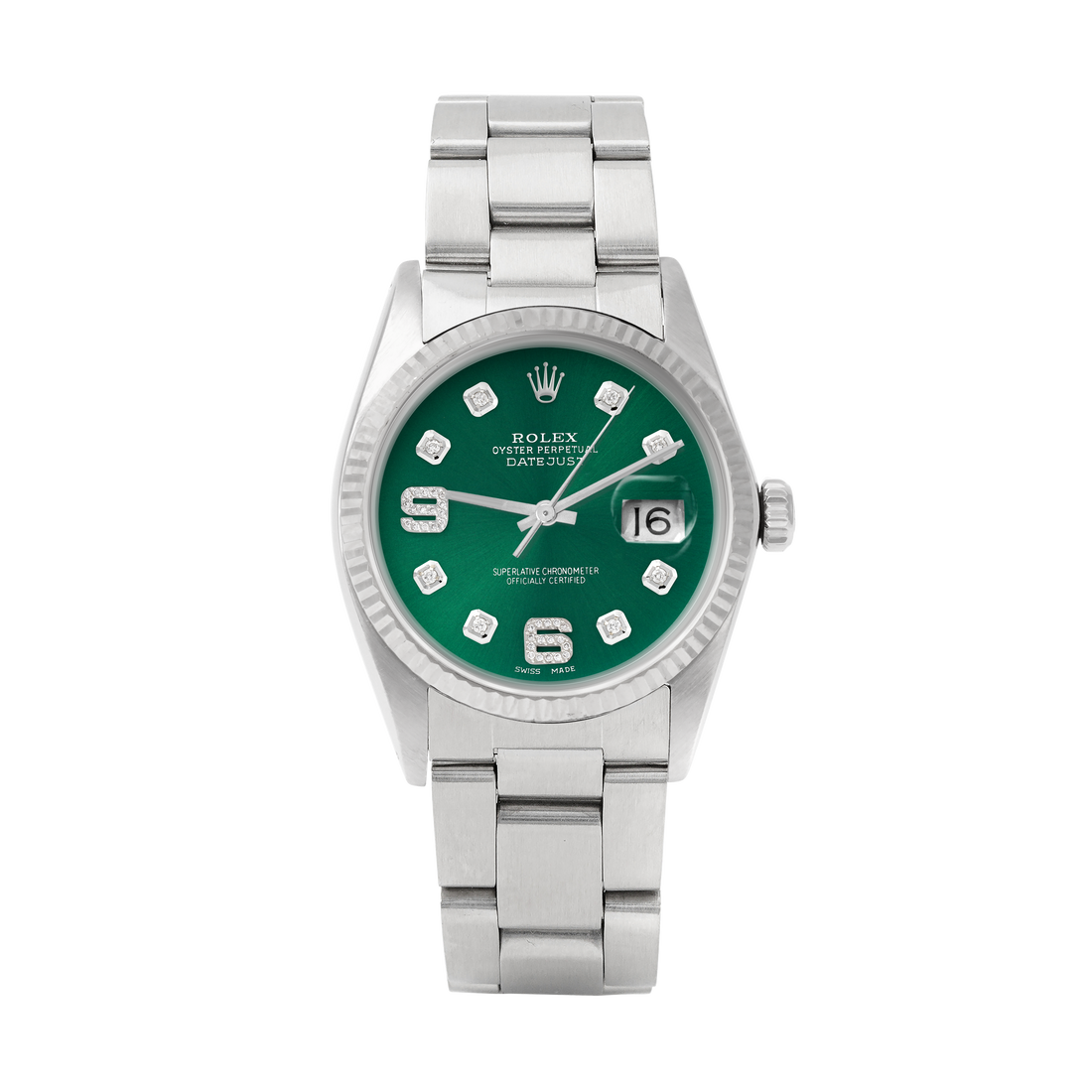 Rolex Datejust 36mm STAINLESS STEEL 16234 Green Dial| 6&9 Diamond | Fluted bazel