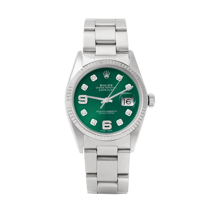 Rolex Datejust 36mm STAINLESS STEEL 16234 Green Dial| 6&9 Diamond | Fluted bazel