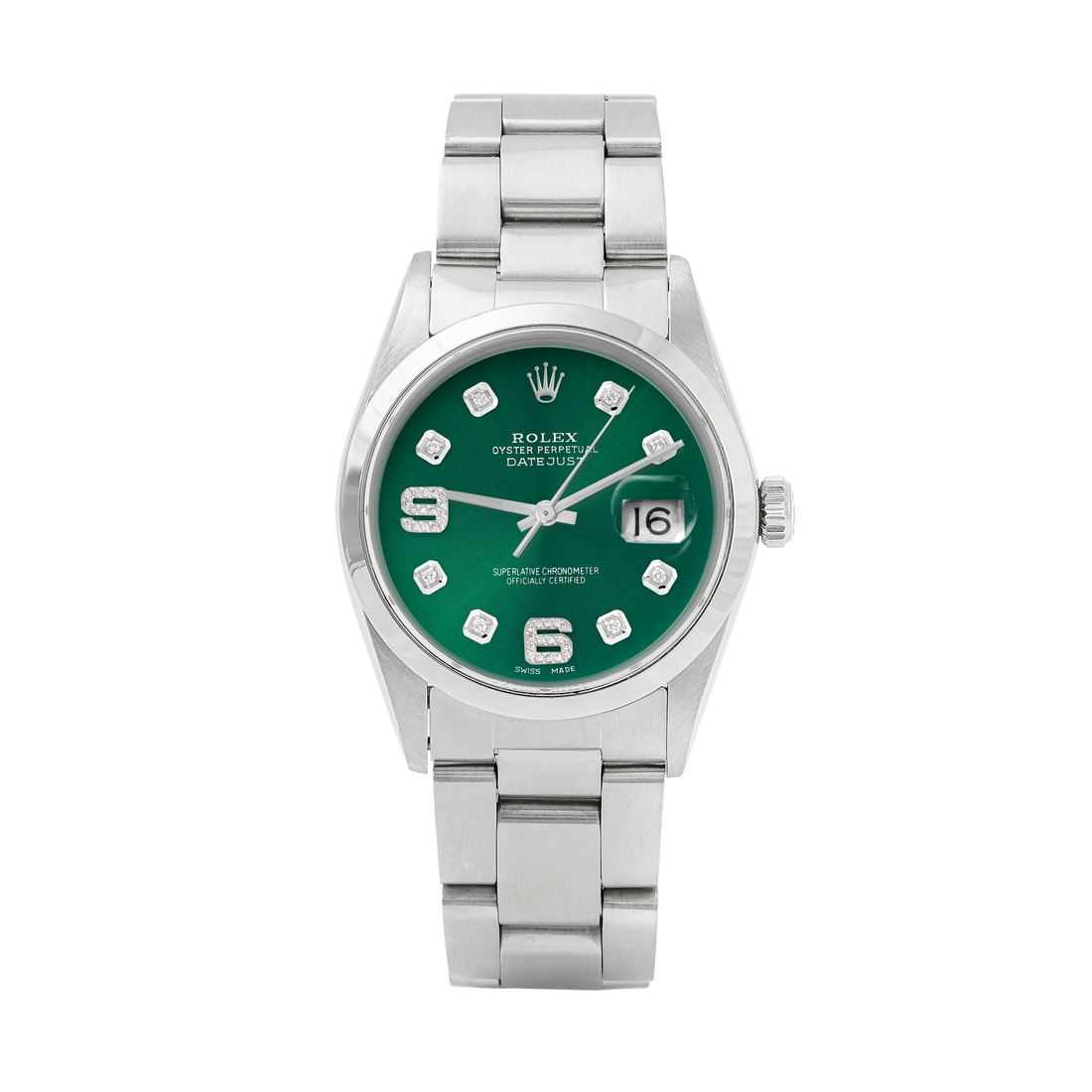 Rolex Datejust 36mm STAINLESS STEEL 16200 Green Dial | 6&9 Diamond | Smooth Bazel