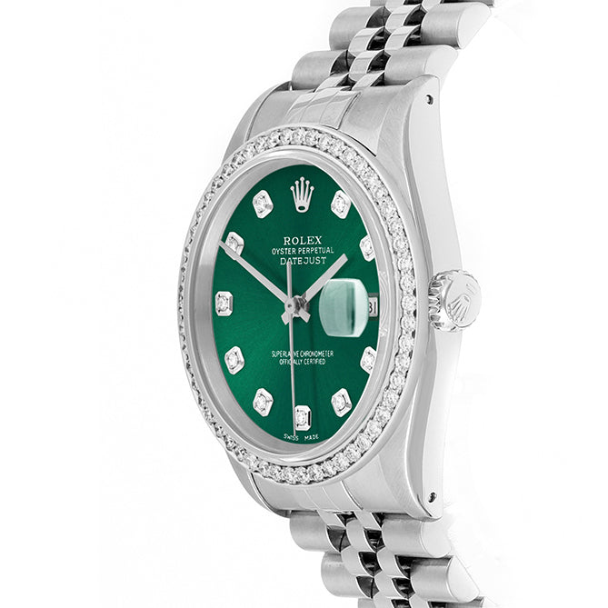 Rolex Datejust 36mm STAINLESS STEEL 16234 Green Dial | Diamond Hour Markers, 1 ct Diamond Bezel