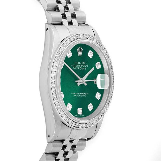 Rolex Datejust 36mm STAINLESS STEEL 16234 Green Dial | Diamond Hour Markers, 1 ct Diamond Bezel