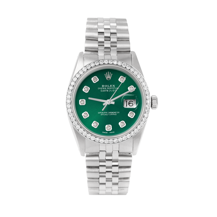 Rolex Datejust 36mm STAINLESS STEEL 16234 Green Dial | Diamond Hour Markers, 1 ct Diamond Bezel